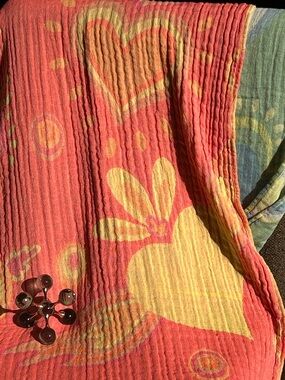 SET Pink Yellow Heart Patterned Curtain Set of 2 Organic Cotton Loom Weave NEW